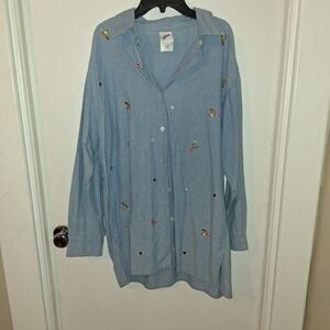 Vintage 1999 Warner Brothers Long Sleeve Tweety Embroidered Denim Shirt L